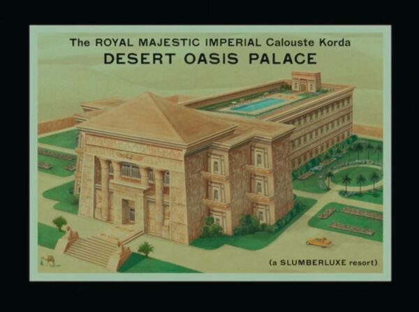 Artistic rendering of the “Royal Majestic Imperial Calouste Korda Desert Oasis Palace,” the hotel where the signing of the agreement is set to take place, as shown in the film. Still image from The Phoenician Scheme (2025), directed by Wes Anderson. Courtesy of Focus Features.