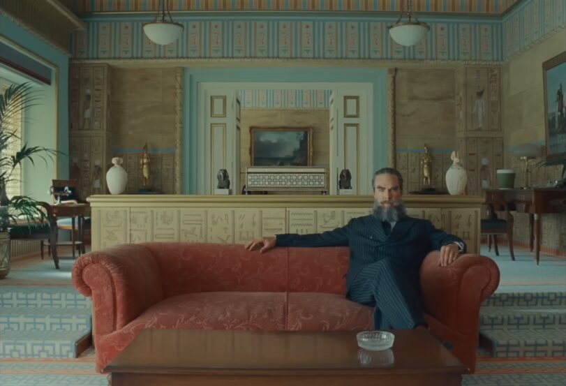 The interior of the hotel suite where Uncle Nubar (Benedict Cumberbatch) is staying. Still image from The Phoenician Scheme (2025), directed by Wes Anderson. Courtesy of Focus Features.
