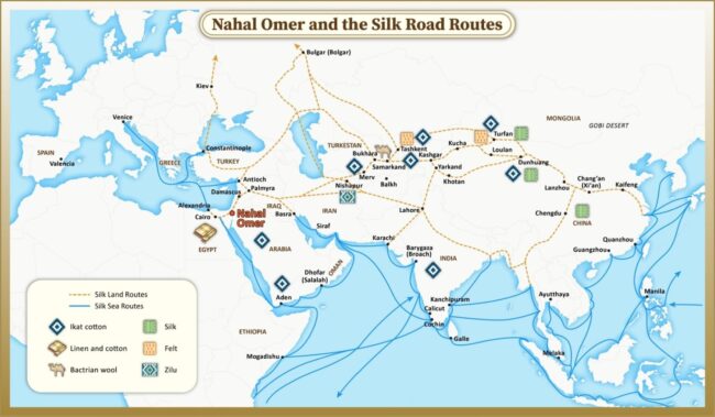 Map illustrating the location of Nahal Omer and its connection to Silk Road Routes, From Trash to Treasure: Nahal Omer and the Virtual Silk Road.