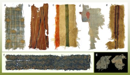 Nahal Omer textile collection: a. Supplementary weft cotton; b. Ikat cotton; b. Wool fragment; d. Green cotton with Ikat patch e. wool and cotton; f. Supplementary weft cotton; g. silk.