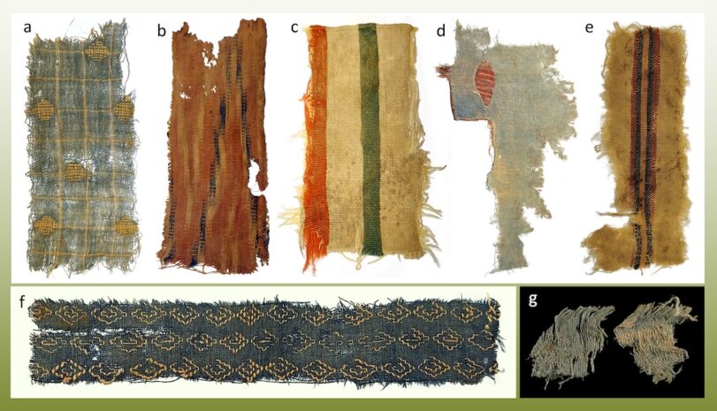 Nahal Omer textile collection: a. Supplementary weft cotton; b. Ikat cotton; b. Wool fragment; d. Green cotton with Ikat patch e. wool and cotton; f. Supplementary weft cotton; g. silk.