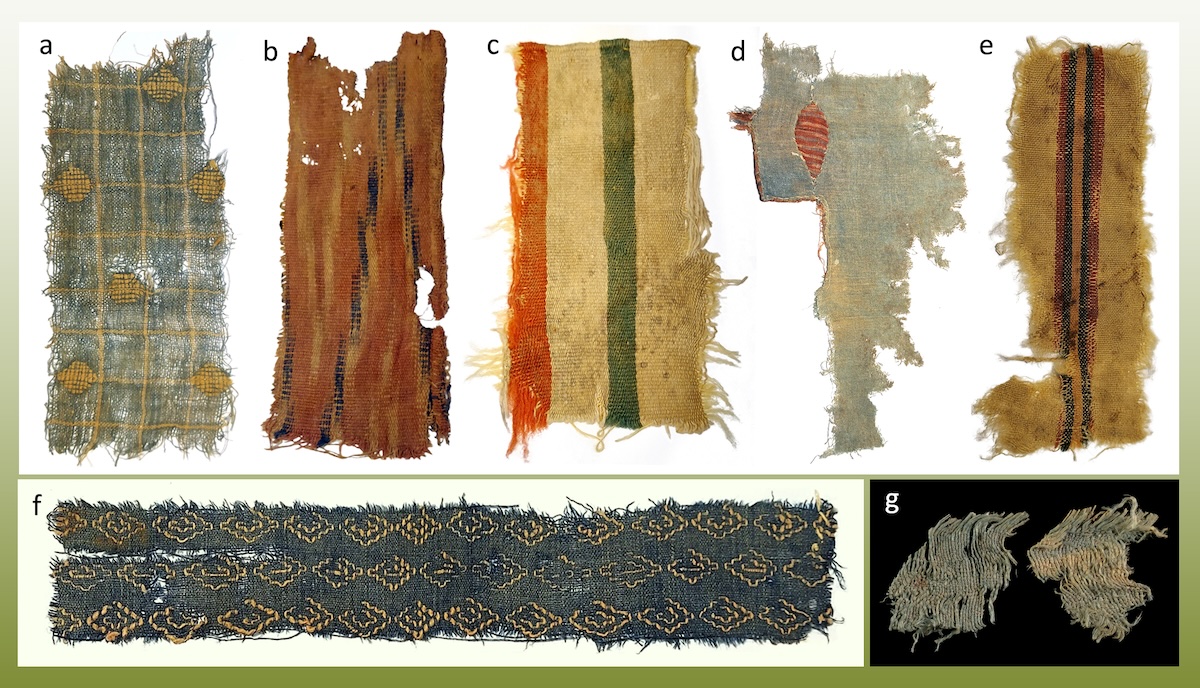 Nahal Omer textile collection: a. Supplementary weft cotton; b. Ikat cotton; b. Wool fragment; d. Green cotton with Ikat patch e. wool and cotton; f. Supplementary weft cotton; g. silk.