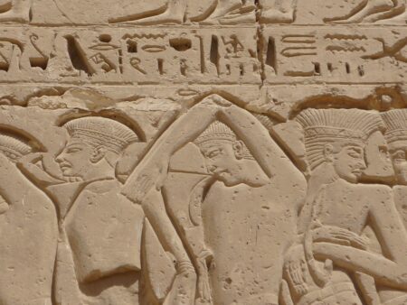 Captured Sea People from wall relief in the mortuary temple of Ramses III, Medinet Habu. Photo by Rémih, CC By-SA 3.0.