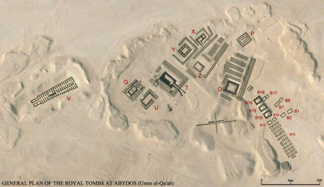 Aerial view of Umm el-Qa’ab near Abydos in Egypt, with the tombs of Predynastic, Dynasty 1 and Dynasty 2 tombs overlaid. The Tomb of Merneith is labeled (Y), Djer is labeled (O).