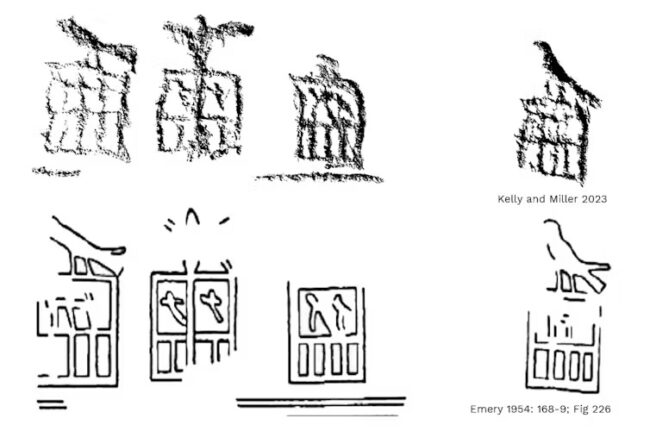 Step 3: inverting the color palette to further isolate the seal impression. This figure compares our new digital ‘rubbing’ of the serekhs (originally attained in 2023) and Emery’s hand drawings (1954). Used with permission from the author.