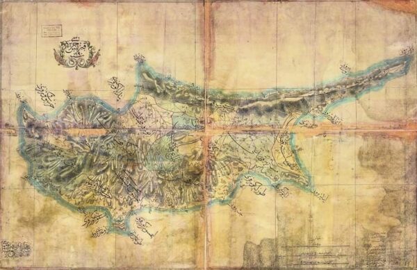 Map of Cyprus from 1873-1874 CE, while under Ottoman control. Public Domain via Wikimedia.