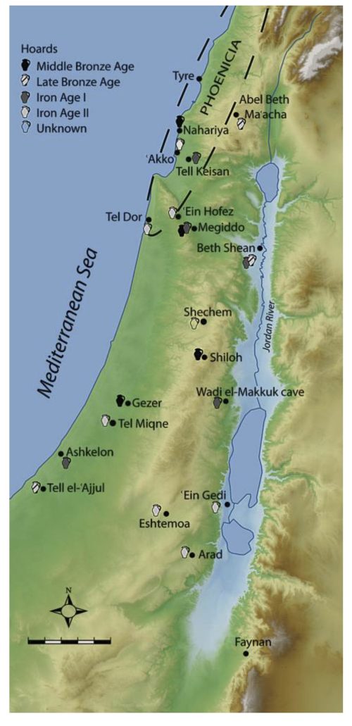 Map showing location of Bronze and Iron Age silver hoards. After Tzilla Eshel, Naama Yahalom-Mack, Sariel Shalev, Ofir Tirosh, Yigal Erel and Ayelet Gilboa, Four Iron Age Silver Hoards from Southern Phoenicia: From Bundles to Hacksilber, Bulletin of the American Schools of Oriental Research 379 (May 2018), Figure 1.