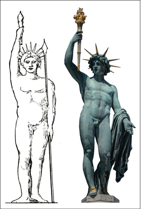 Figure 2: Conjectural reconstructions of the Colossus. Left: Gabriel, A. 1932. La construction, l'attitude et l'emplacement du Colosse de Rhodes. Bulletin de Correspondance Hellénique, 56, 331-359. CC BY-NC-ND 4.0. Right, Three-metre-high statue of Helios on the top of the Naturhistorisches Museum, Vienna. After © Hubertl / Wikimedia Commons / CC BY-SA 4.0.