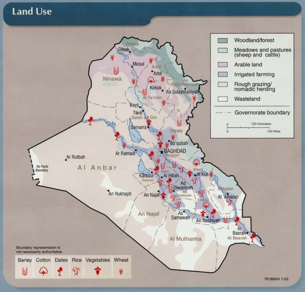 Iraq map showing land utilization zones. Central Intelligence Agency. Cartography Center, 2003.