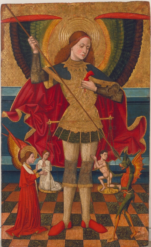 Juan de la Abadía, Saint Michael Weighing Souls (c. 1480–1495). From details in his interpretation of the Egyptian weighing motif, it is clear that early interpreters like Alexander Gordon (1737) drew parallels to, and inspiration from, the iconography of Christian scenes like this, almost a century before the hieroglyphs were deciphered. Image courtesy of Museu Nacional d'Art de Catalunya, www.museunacional.cat, CC BY-NC-SA 3.0.