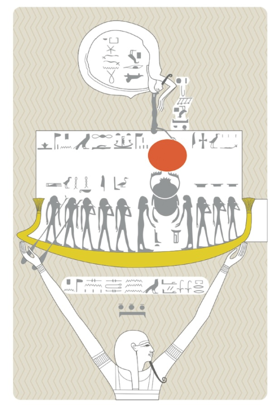 Alabaster sarcophagus of Seti I, final register: Nun lifts the solar barque – an Egyptian statement of nightly renewal. Drawing after Bonomi and Sharp 1864, Plate 15 (Luwian Studies #5038).