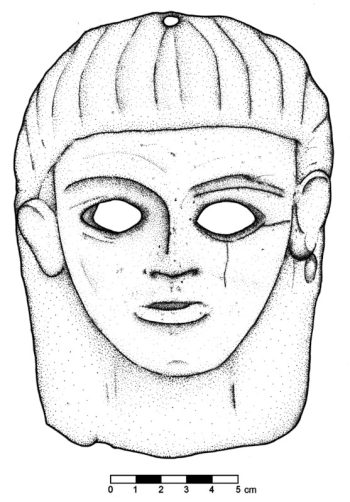 Unknown provenance, possibly from Akhziv: male? mask, c. 8th-7th centuries BC (drawing by A. Guari after Hestrin, R. - Dayagi-Mendels, M. 1980, Two Phoenician pottery masks, The Israel Museum News 16, fig. 1).