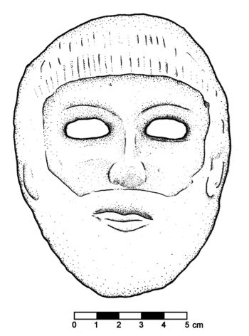 Akhziv, necropolis: male mask, c. 8th-7th centuries BC (drawing by A. Guari after Dayagi-Mendels, M. 2002, The Akhziv cemeteries: the Ben-Dor excavations, 1941-1944. Israel Antiquities Authority Reports, 15, Jerusalem, fig. 7.22).