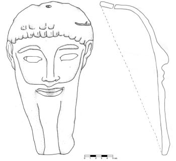 Tyre al-Bass necropolis, tomb 8: male long-bearded mask, c. late 7th-early 6th century BC (drawing by A. Guari after Aubet, M.E. ed. 2004, The Phoenician Cemetery of Tyre-Al Bass. Excavations 1997-1999. BAAL, Hors-Série, I, Beyrouth, fig. 59:13).