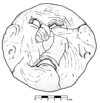 Akhziv, southern cemetery, tomb Z III: male wrinkled mask, c. late 8th-7th century BC (drawing by A. Guari after Fariselli, A.C. 2014, Maschere antropomorfe in terracotta nell’oriente fenicio: riflessioni per la redazione di un corpus, in: A. Lemaire ed., Phéniciens d’Orient et d’Occident. Mélanges Josette Elayi. Cahiers de l’Institut du Proche-Orient Ancien du Collège de France, II, Paris, fig. 5).