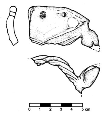 Tel Dor, Area E, Locus 6843, Basket 68072: fragmentary mask, c. 539-332 BC (drawing by A. Guari after Stern, E. 2010, Excavations at Dor: figurines, cult objects and amulets: 1980-2000 seasons, Jerusalem, fig. 31:11).