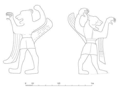 Lion-headed demons guarding the entrance to Chamber B in Yazılıkaya (Luwian Studies #1227).